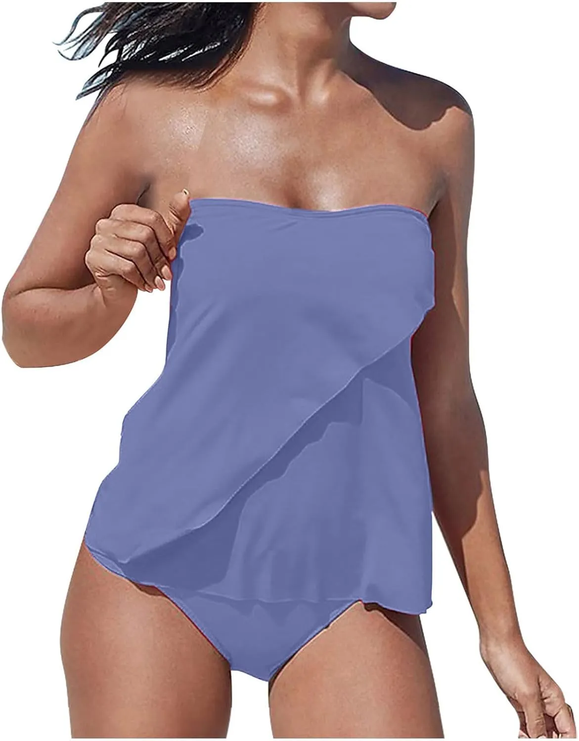 Two Piece Tankini Bathing Suits for Women Tummy Control Swimsuit Bandeau Top Swimwear with Bikini Bottom