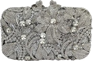UMREN Elegant Crystal Women Flower Clutch Rhinestone Evening Bag Wedding Bridal Handbag Diamond Floral Purse for Party Prom