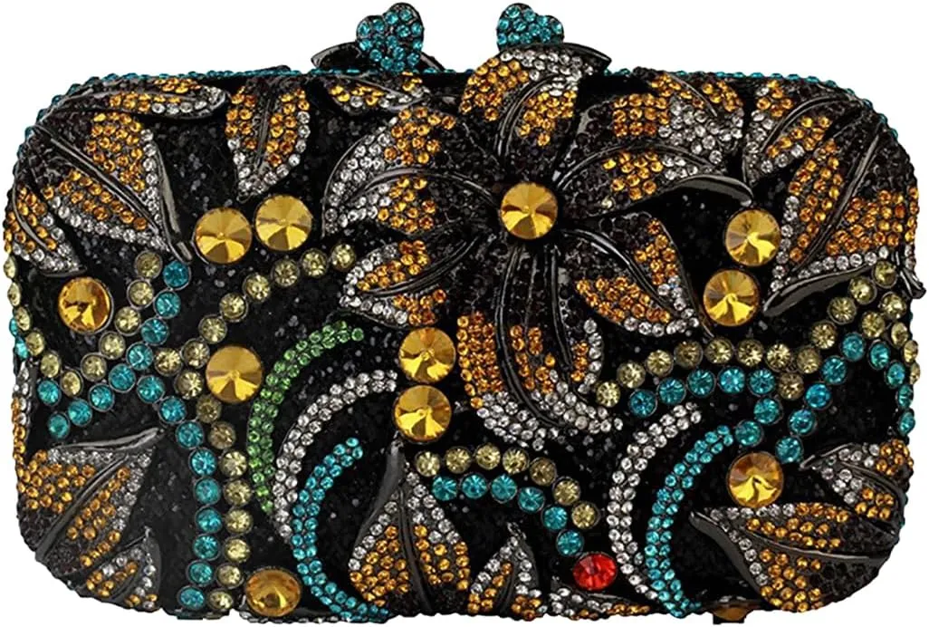 UMREN Elegant Crystal Women Flower Clutch Rhinestone Evening Bag Wedding Bridal Handbag Diamond Floral Purse for Party Prom