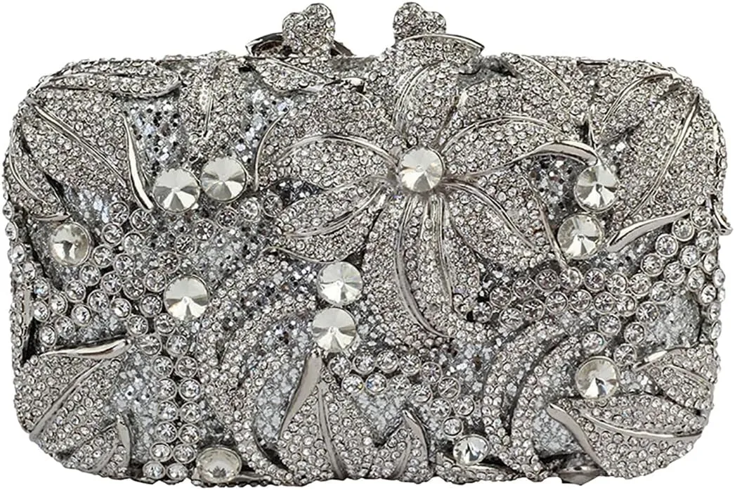 UMREN Elegant Crystal Women Flower Clutch Rhinestone Evening Bag Wedding Bridal Handbag Diamond Floral Purse for Party Prom