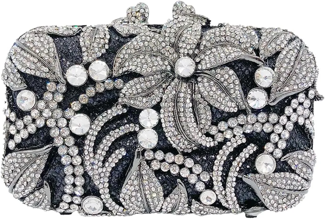 UMREN Elegant Crystal Women Flower Clutch Rhinestone Evening Bag Wedding Bridal Handbag Diamond Floral Purse for Party Prom