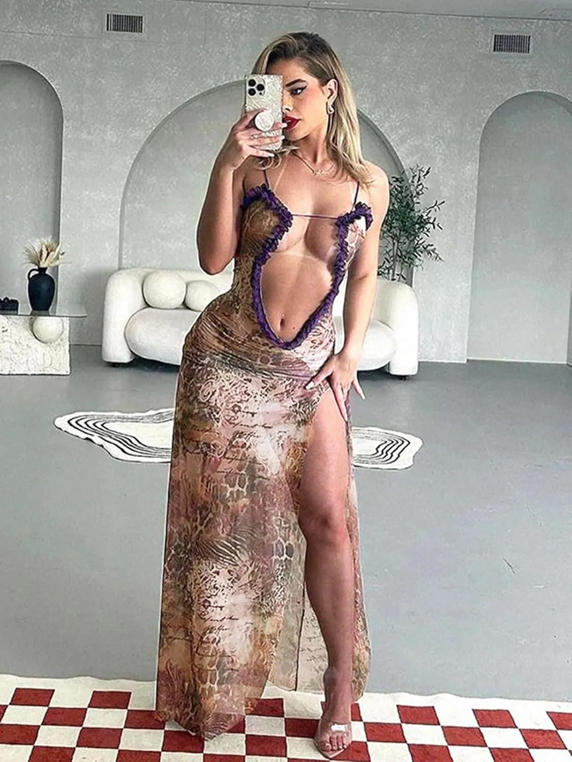 Uni Clau Women Sexy Mesh Sheer Maxi Dress Y2k See Through Low Cut Backless Bodycon Fitted High Slit Long Dress Party Dresses