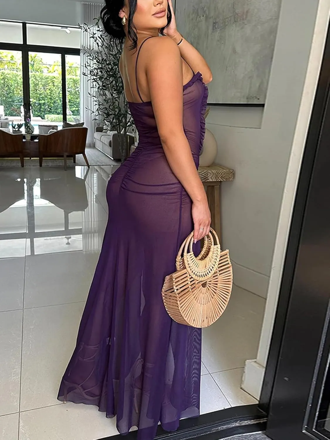 Uni Clau Women Sexy Mesh Sheer Maxi Dress Y2k See Through Low Cut Backless Bodycon Fitted High Slit Long Dress Party Dresses