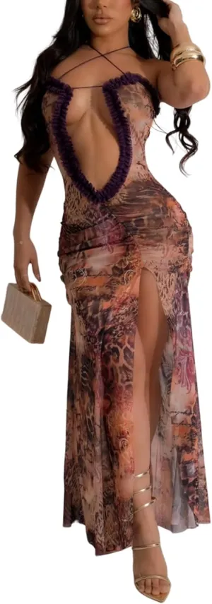 Uni Clau Women Sexy Mesh Sheer Maxi Dress Y2k See Through Low Cut Backless Bodycon Fitted High Slit Long Dress Party Dresses