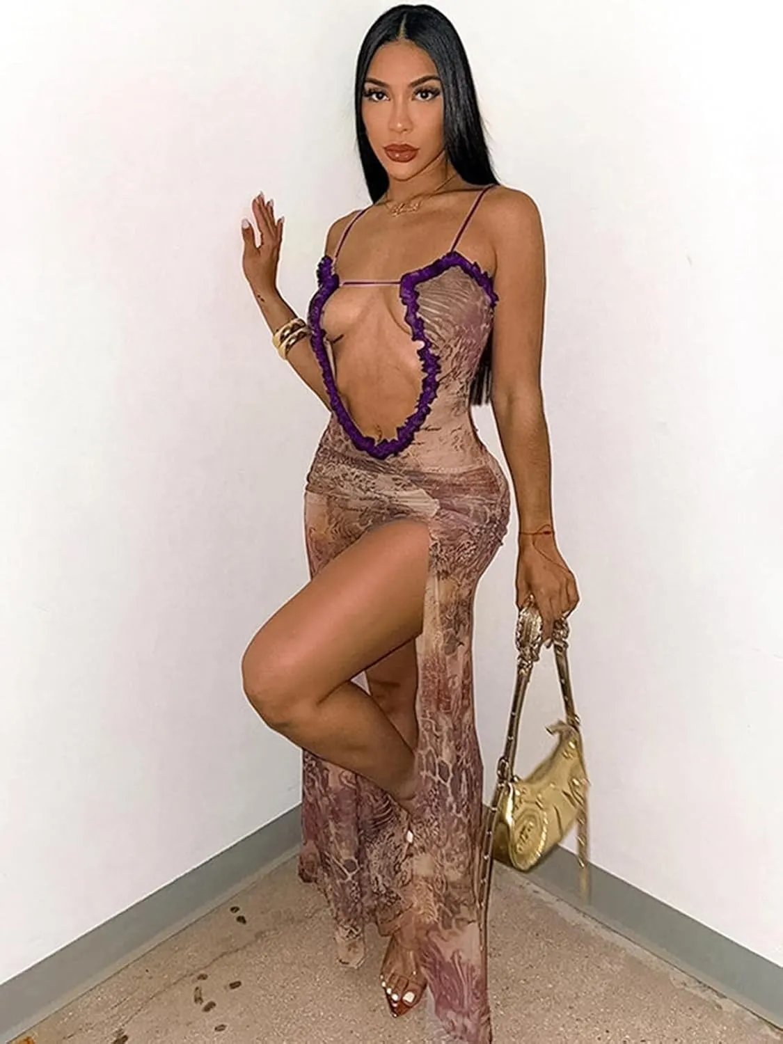 Uni Clau Women Sexy Mesh Sheer Maxi Dress Y2k See Through Low Cut Backless Bodycon Fitted High Slit Long Dress Party Dresses
