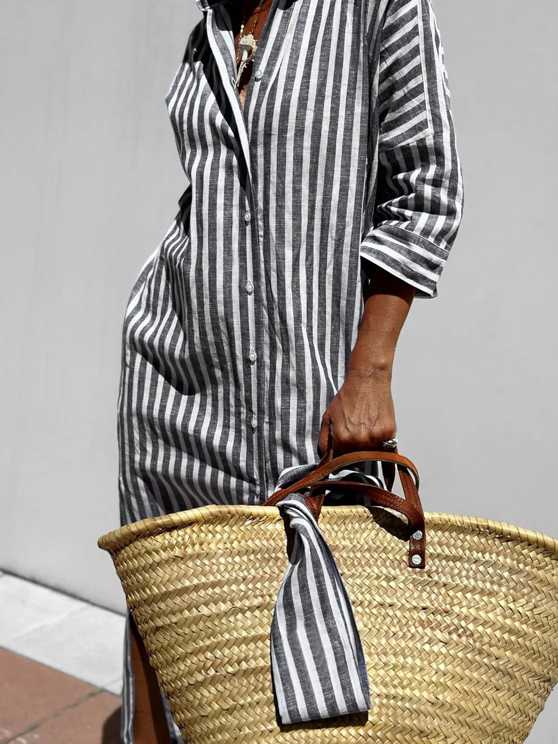 utcoco Womens 2025 Shirt Dress Casual Lapel 3/4 Sleeve Button Down Split Belted Vacation Maxi Dress