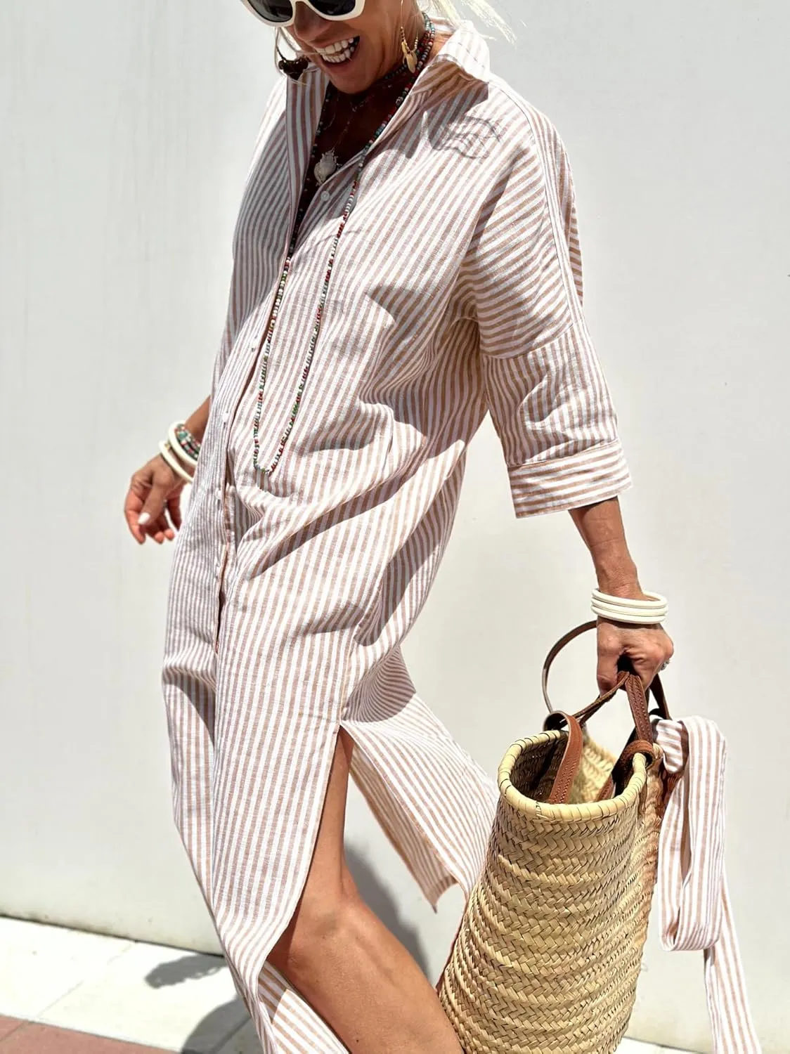 utcoco Womens 2025 Shirt Dress Casual Lapel 3/4 Sleeve Button Down Split Belted Vacation Maxi Dress