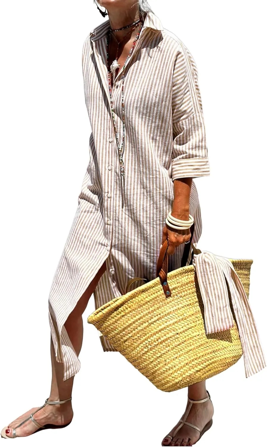 utcoco Womens 2025 Shirt Dress Casual Lapel 3/4 Sleeve Button Down Split Belted Vacation Maxi Dress