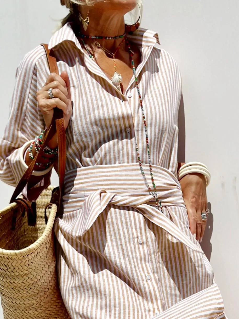 utcoco Womens 2025 Shirt Dress Casual Lapel 3/4 Sleeve Button Down Split Belted Vacation Maxi Dress