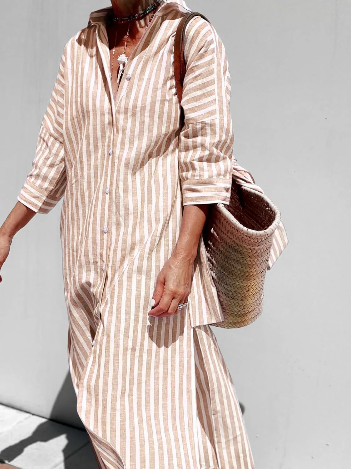 utcoco Womens 2025 Shirt Dress Casual Lapel 3/4 Sleeve Button Down Split Belted Vacation Maxi Dress