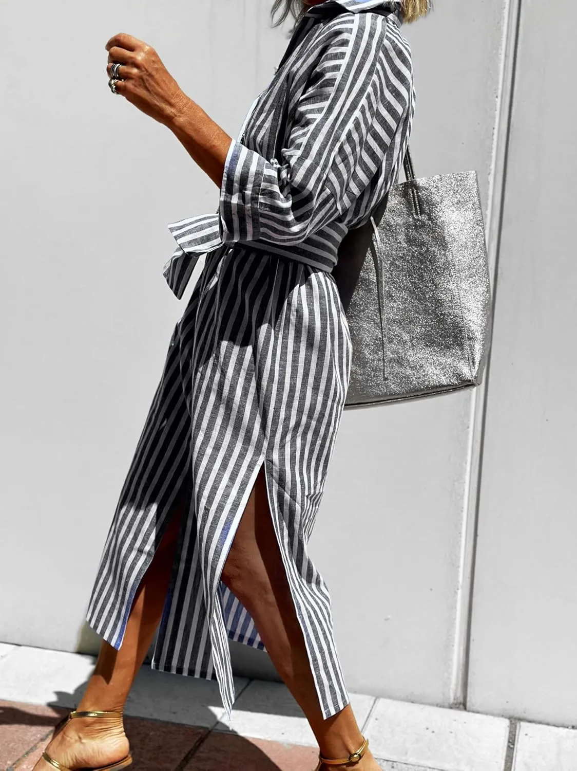 utcoco Womens 2025 Shirt Dress Casual Lapel 3/4 Sleeve Button Down Split Belted Vacation Maxi Dress