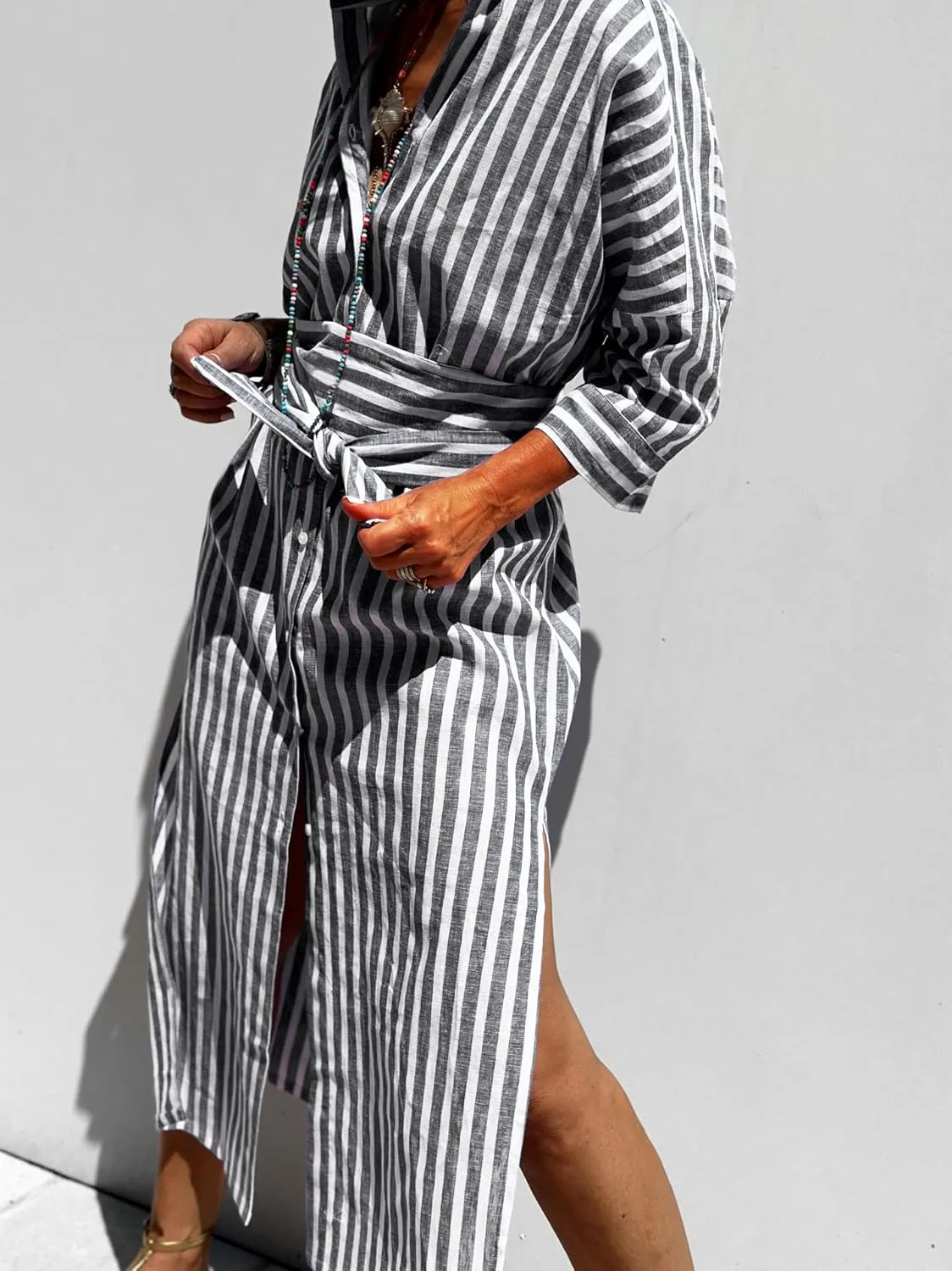 utcoco Womens 2025 Shirt Dress Casual Lapel 3/4 Sleeve Button Down Split Belted Vacation Maxi Dress