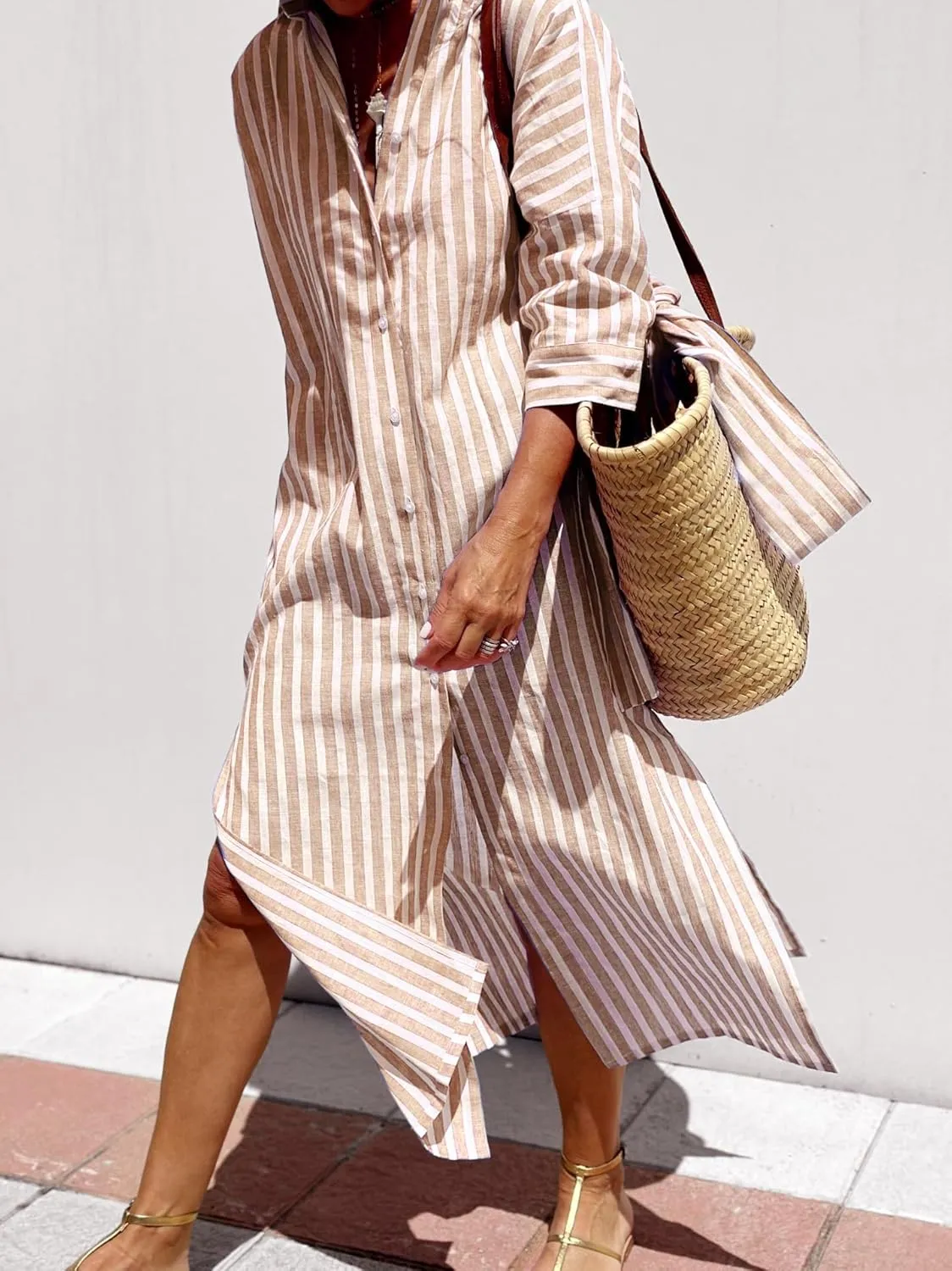 utcoco Womens 2025 Shirt Dress Casual Lapel 3/4 Sleeve Button Down Split Belted Vacation Maxi Dress