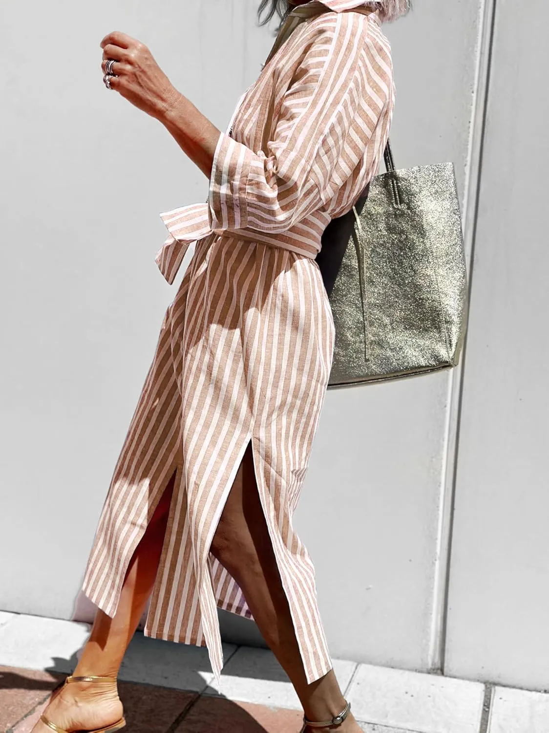 utcoco Womens 2025 Shirt Dress Casual Lapel 3/4 Sleeve Button Down Split Belted Vacation Maxi Dress