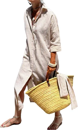 utcoco Womens 2025 Shirt Dress Casual Lapel 3/4 Sleeve Button Down Split Belted Vacation Maxi Dress