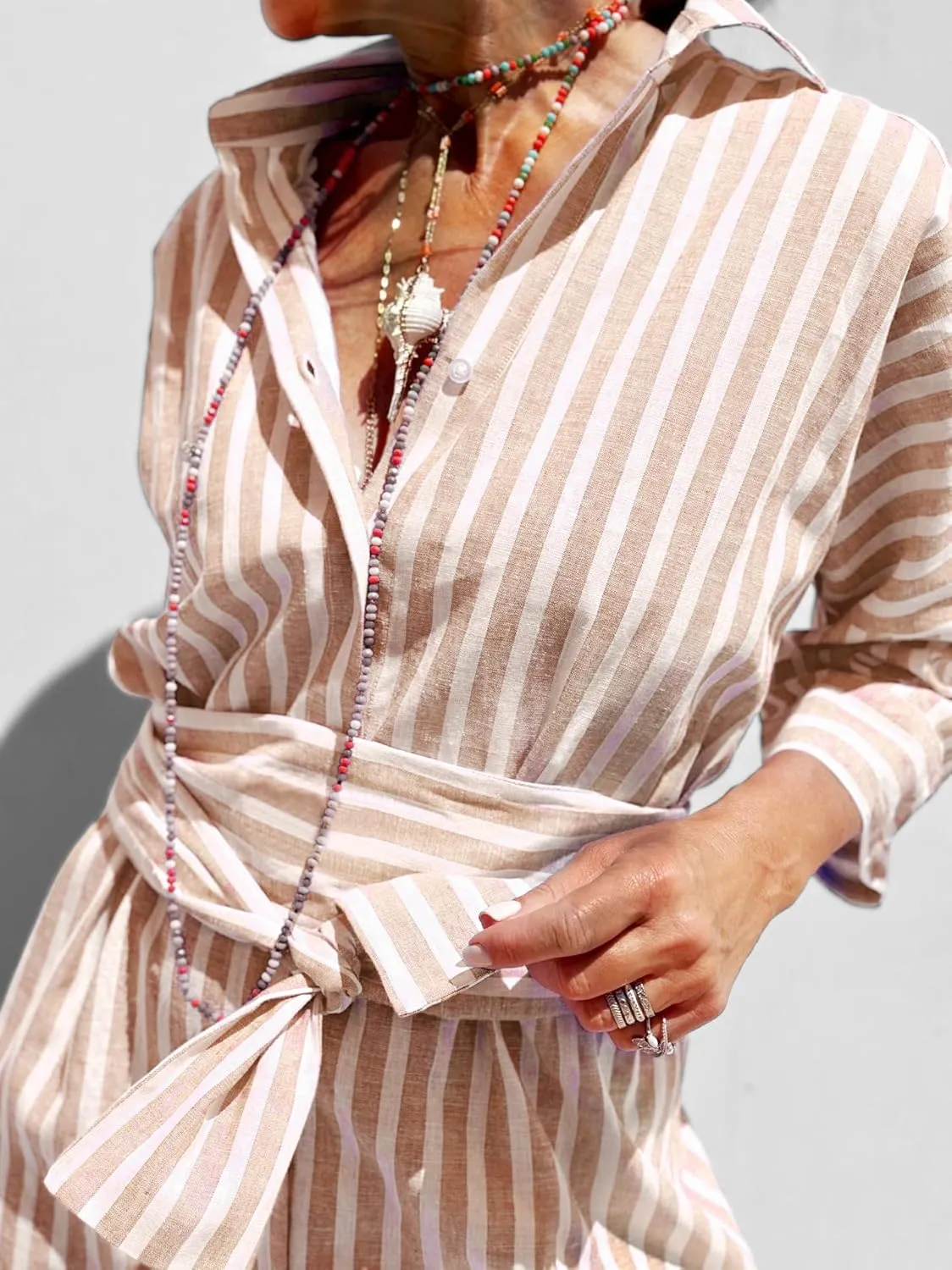 utcoco Womens 2025 Shirt Dress Casual Lapel 3/4 Sleeve Button Down Split Belted Vacation Maxi Dress