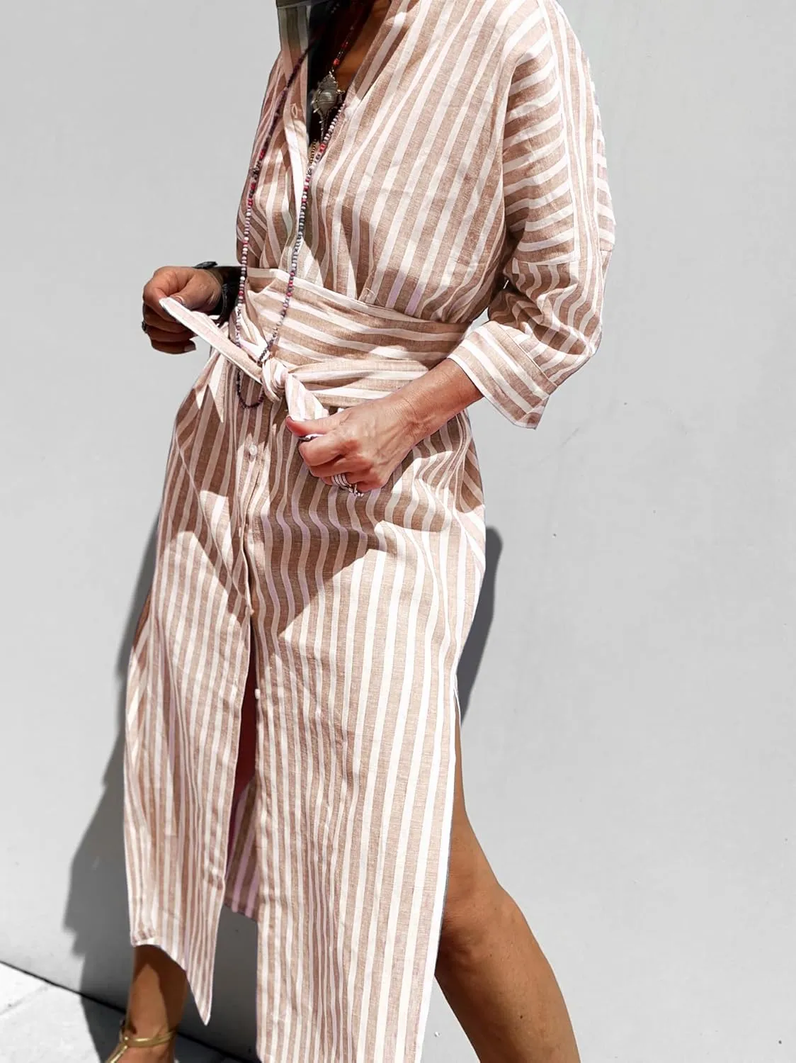 utcoco Womens 2025 Shirt Dress Casual Lapel 3/4 Sleeve Button Down Split Belted Vacation Maxi Dress