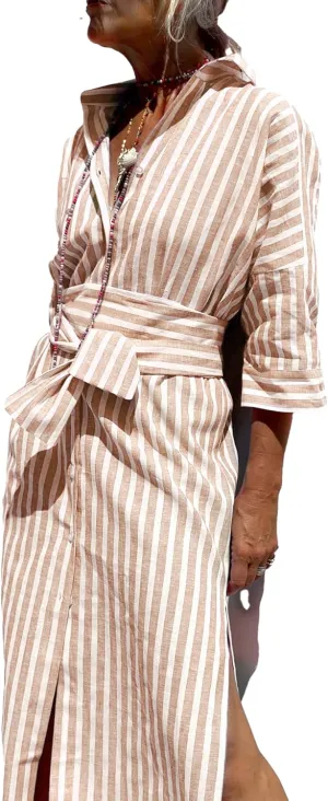 utcoco Womens 2025 Shirt Dress Casual Lapel 3/4 Sleeve Button Down Split Belted Vacation Maxi Dress