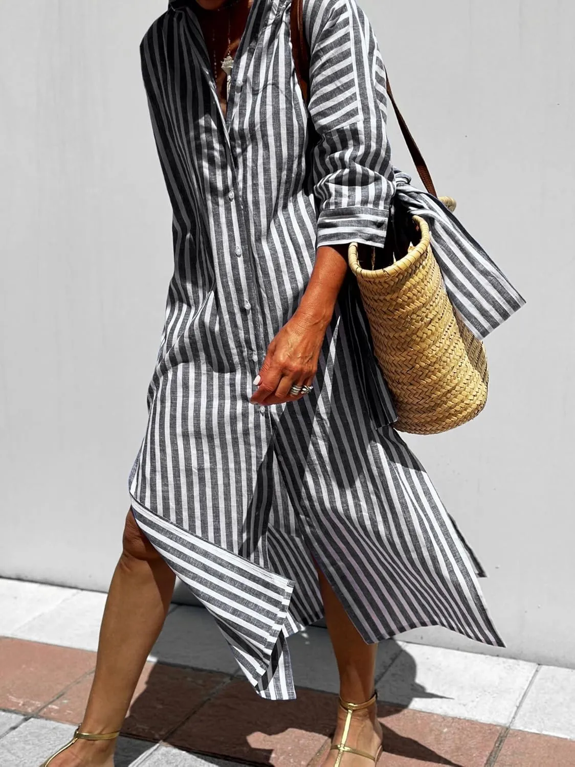 utcoco Womens 2025 Shirt Dress Casual Lapel 3/4 Sleeve Button Down Split Belted Vacation Maxi Dress