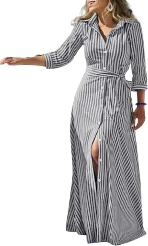 utcoco Women's 2025 Spring Summer Casual Striped Maxi Dress Button Down Shirt Dress with Belt