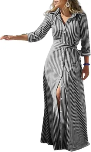 utcoco Women's 2025 Spring Summer Casual Striped Maxi Dress Button Down Shirt Dress with Belt