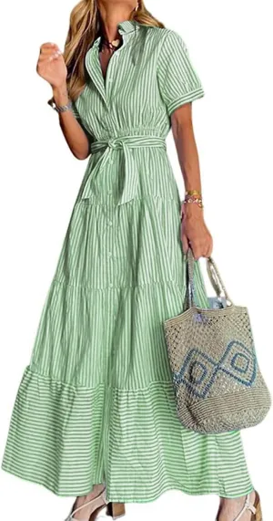utcoco Womens Casual Short Sleeve Button Down Tie Waist Ruffled Striped Maxi Shirt Dress