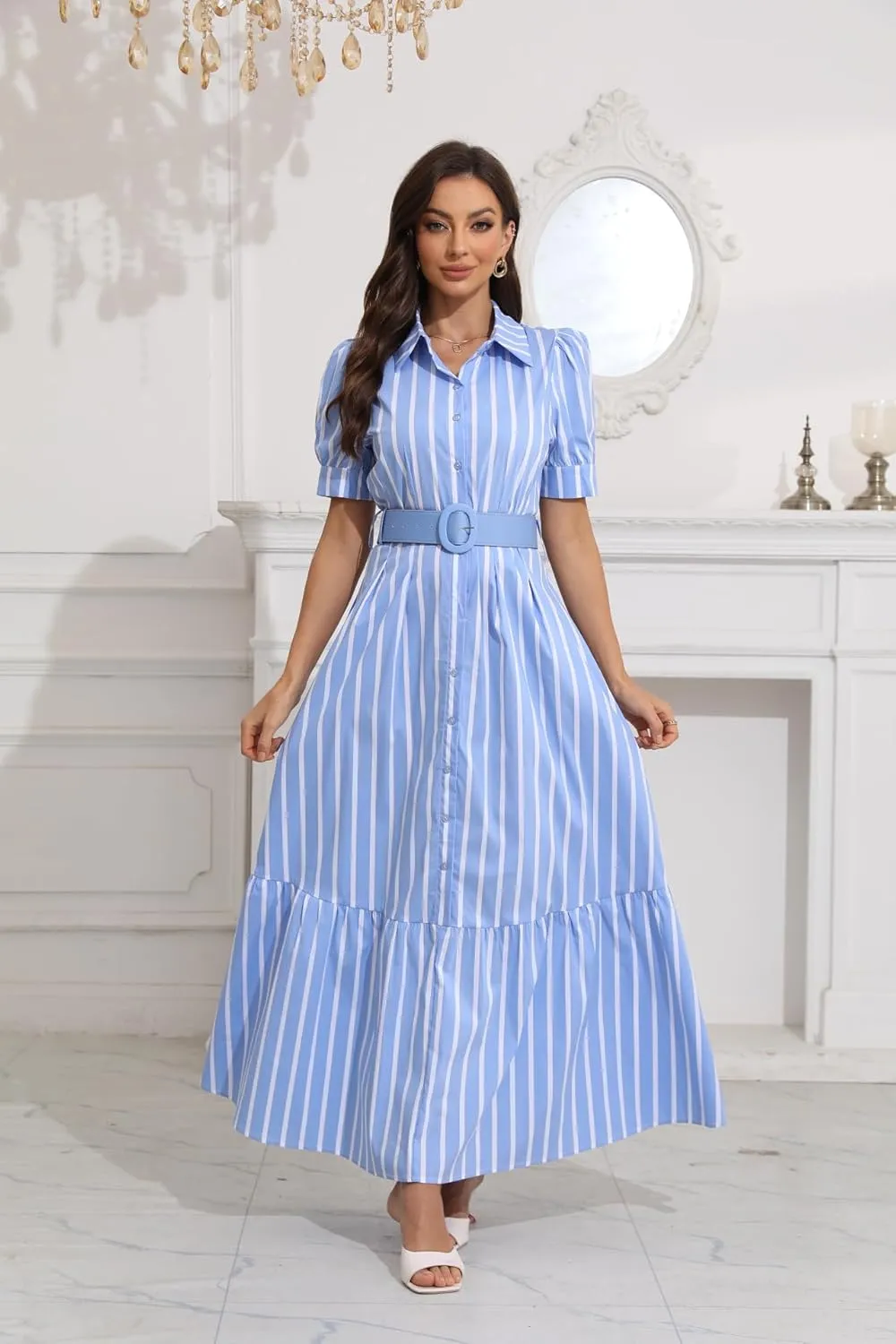 utcoco Womens Striped Button Down Shirt Dress Casual Puff Short Sleeve Ruffle Hem Maxi Dresses with Belt