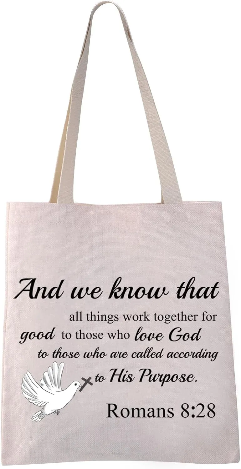 VAMSII Romans 8: 28 Tote Bag Christian Shoulder Bag Bible Verse Gift Bags Scripture Canvas Tote Bag Religious Christian Gift