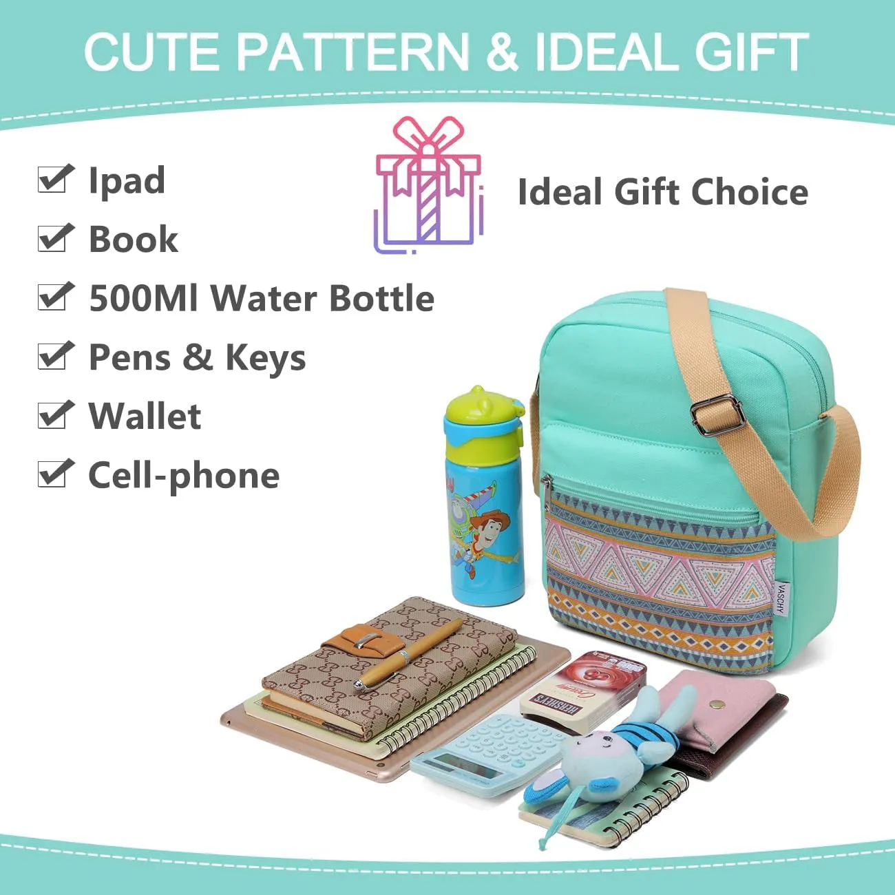 VASCHY Messenger Bag for Girls, Lightweight Canvas Crossbody Bag Purse for Teen Girls Women Fits Water Bottle