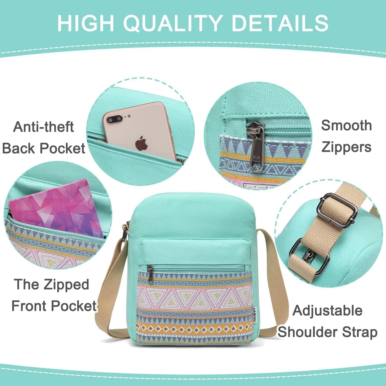 VASCHY Messenger Bag for Girls, Lightweight Canvas Crossbody Bag Purse for Teen Girls Women Fits Water Bottle