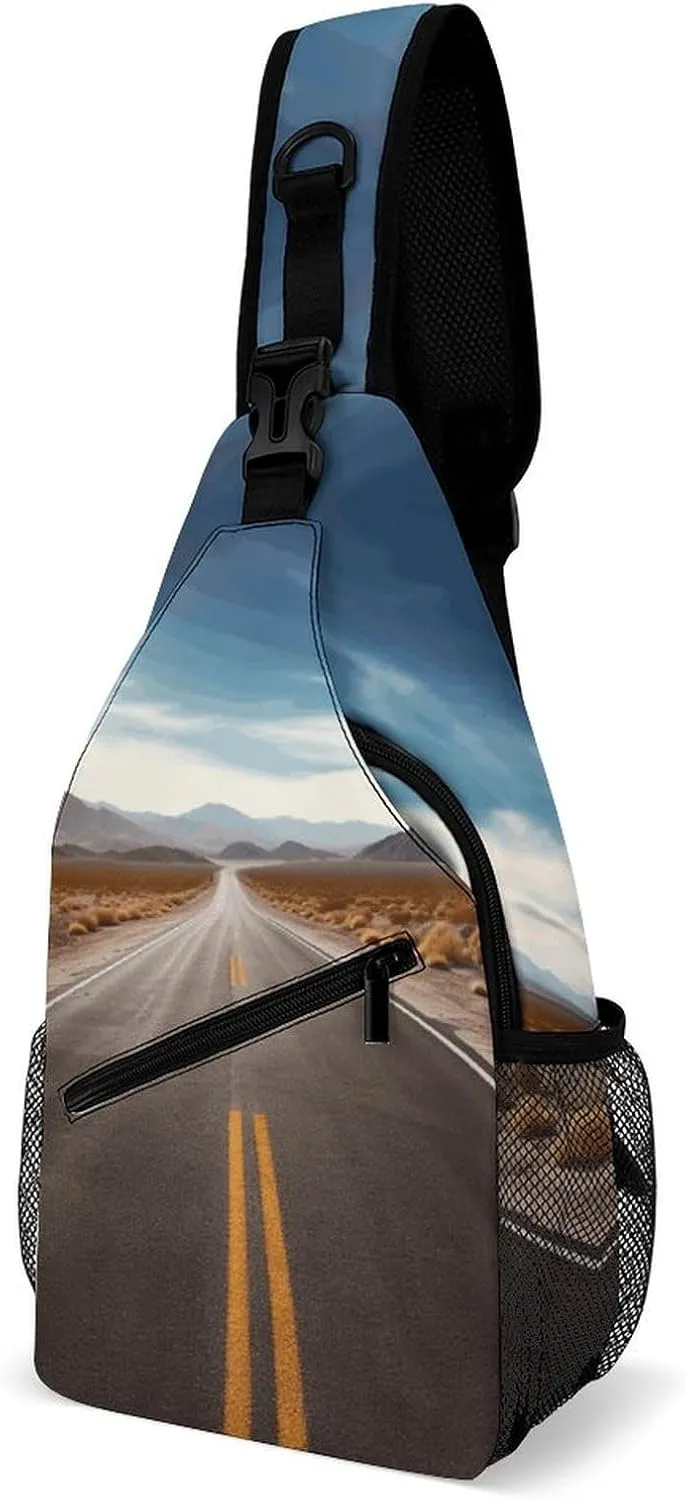 Versatile Chest Bag,Desert Landscape Highway Print Casual Couple Chest Bag,men's Fashionable Crossbody Bag