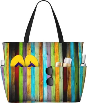 Vertical Planks in Carpentry Oak Timber Print Large Capacity Beach Travel Bag with Zipper and Pockets for Camping Travel Gym