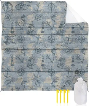Vintage Anchors Beach Blanket Large with Stakes Waterproof Sandproof,Foldable Beach Mat with Corner Pockets for Outdoor Travel Camping Hiking Picnic Essentials,Sea Ocean Light-House Fish Maps 84"x108"