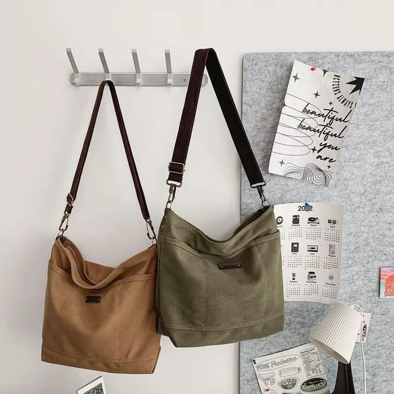 Vintage Canvas Messenger Bag for Men Grunge Crossbody Bag with Leather Label Retro Casual Purse Preppy Stuff (Brown)