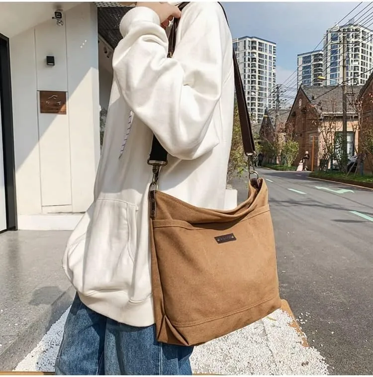 Vintage Canvas Messenger Bag for Men Grunge Crossbody Bag with Leather Label Retro Casual Purse Preppy Stuff (Brown)