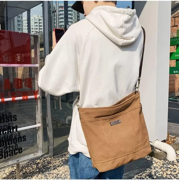 Vintage Canvas Messenger Bag for Men Grunge Crossbody Bag with Leather Label Retro Casual Purse Preppy Stuff (Brown)
