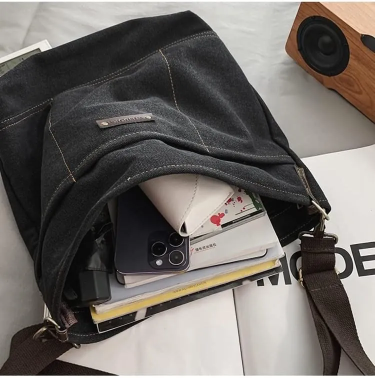 Vintage Canvas Messenger Bag for Men Grunge Crossbody Bag with Leather Label Retro Casual Purse Preppy Stuff (Brown)