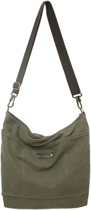 Vintage Canvas Messenger Bag for Men Grunge Crossbody Bag with Leather Label Retro Casual Purse Preppy Stuff (Green)