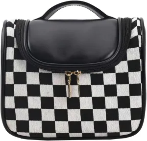 Vintage Makeup Bag for Women Portable Retro Checkered Pattern Cosmetic Organizer Patchwork Style Pillow Storage Pouch Skincare Storage Bag Large Capacity Elegant Handheld Waterproof Handbag (Black-S)