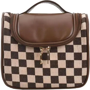 Vintage Makeup Bag for Women Portable Retro Checkered Pattern Cosmetic Organizer Patchwork Style Pillow Storage Pouch Skincare Storage Bag Large Capacity Elegant Handheld Waterproof Handbag (Brown-S)