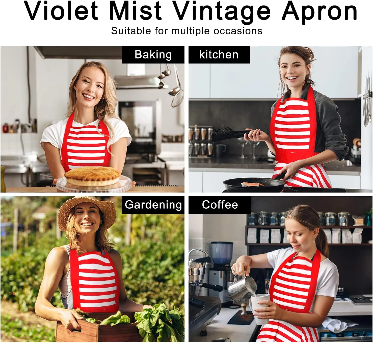 Violet Mist Cute Lovely Retro Aprons for Women Girls Ladies Sexy Vintage Aprons Christmas Apron Red Striped Vintage 50s Apron kawaii Cooking Kitchen Ruffle Apron for Housewife Waitress Mother's Gift