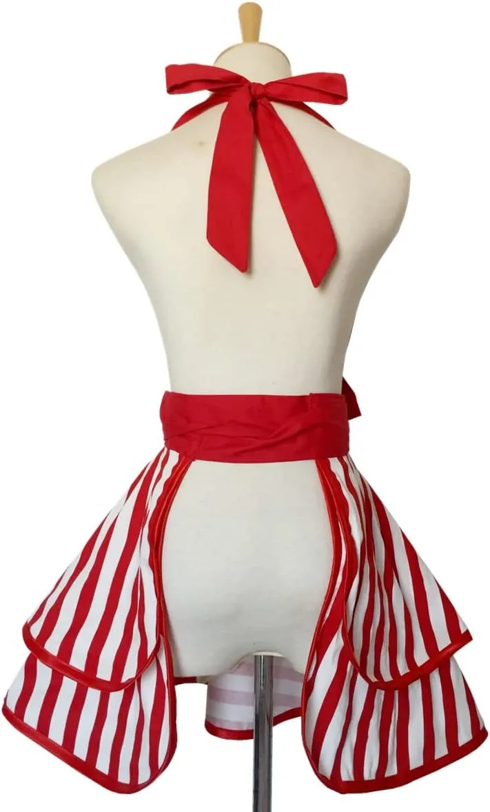 Violet Mist Cute Lovely Retro Aprons for Women Girls Ladies Sexy Vintage Aprons Christmas Apron Red Striped Vintage 50s Apron kawaii Cooking Kitchen Ruffle Apron for Housewife Waitress Mother's Gift