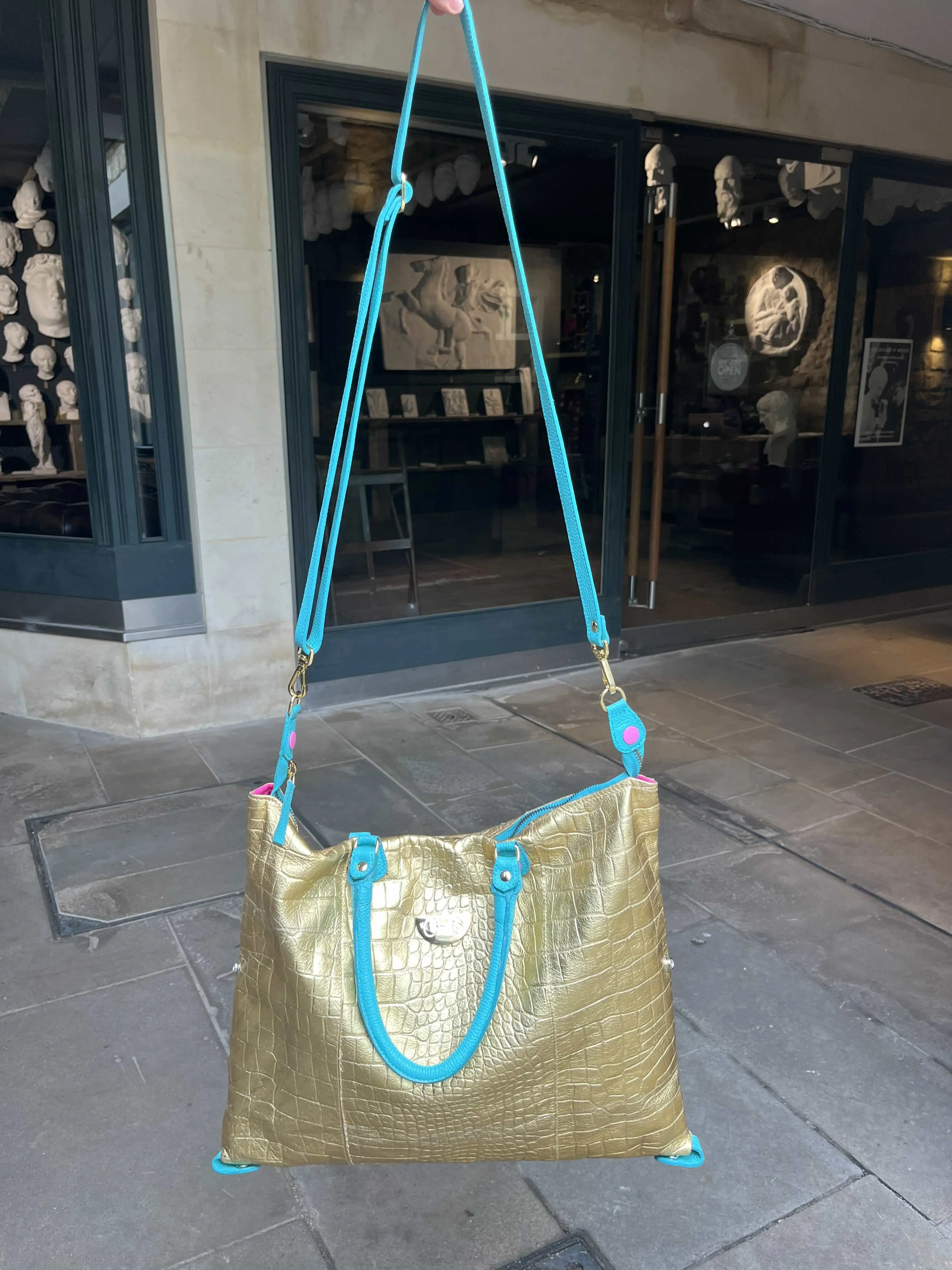 Vivienne-gold/turquoise leather multi handbag