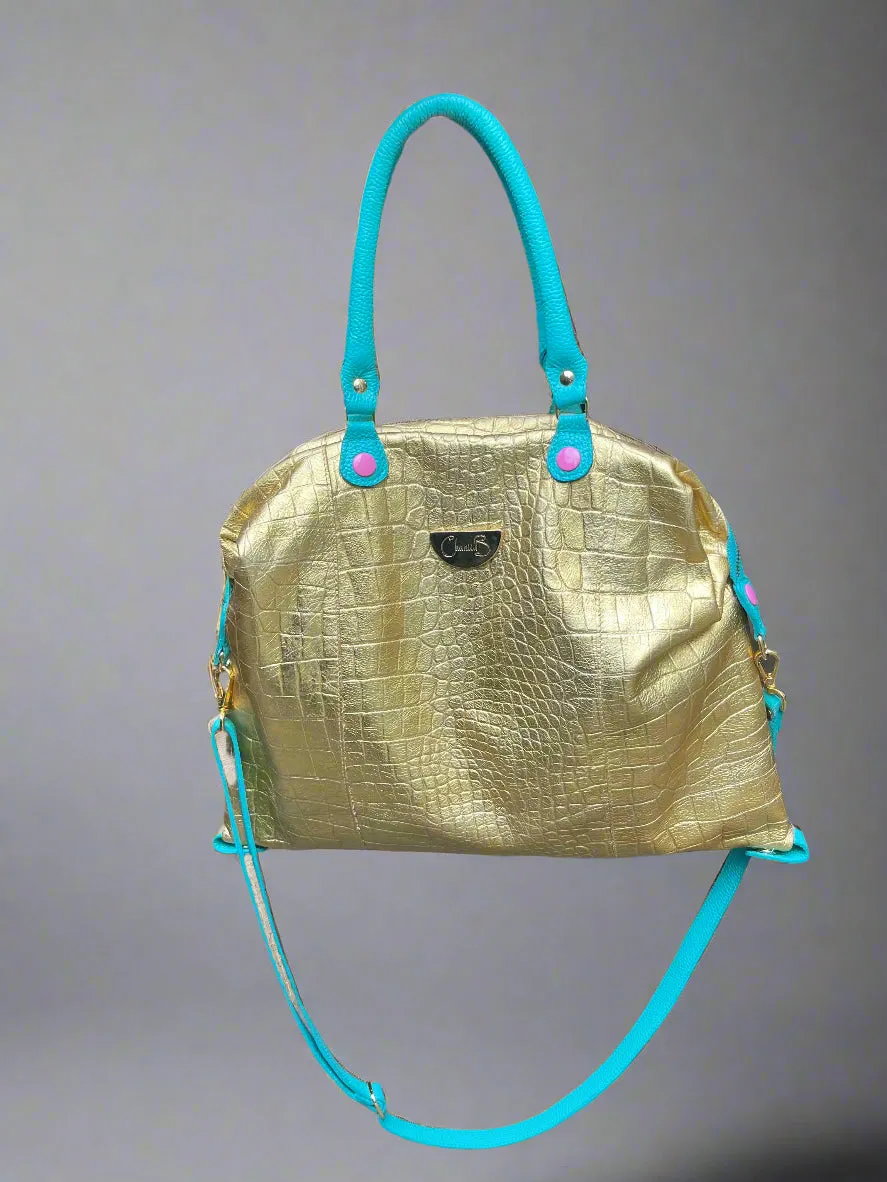 Vivienne-gold/turquoise leather multi handbag