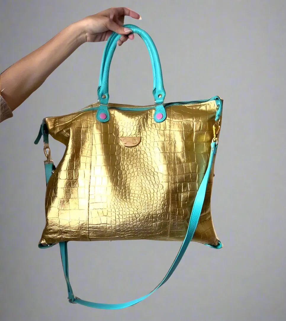Vivienne-gold/turquoise leather multi handbag