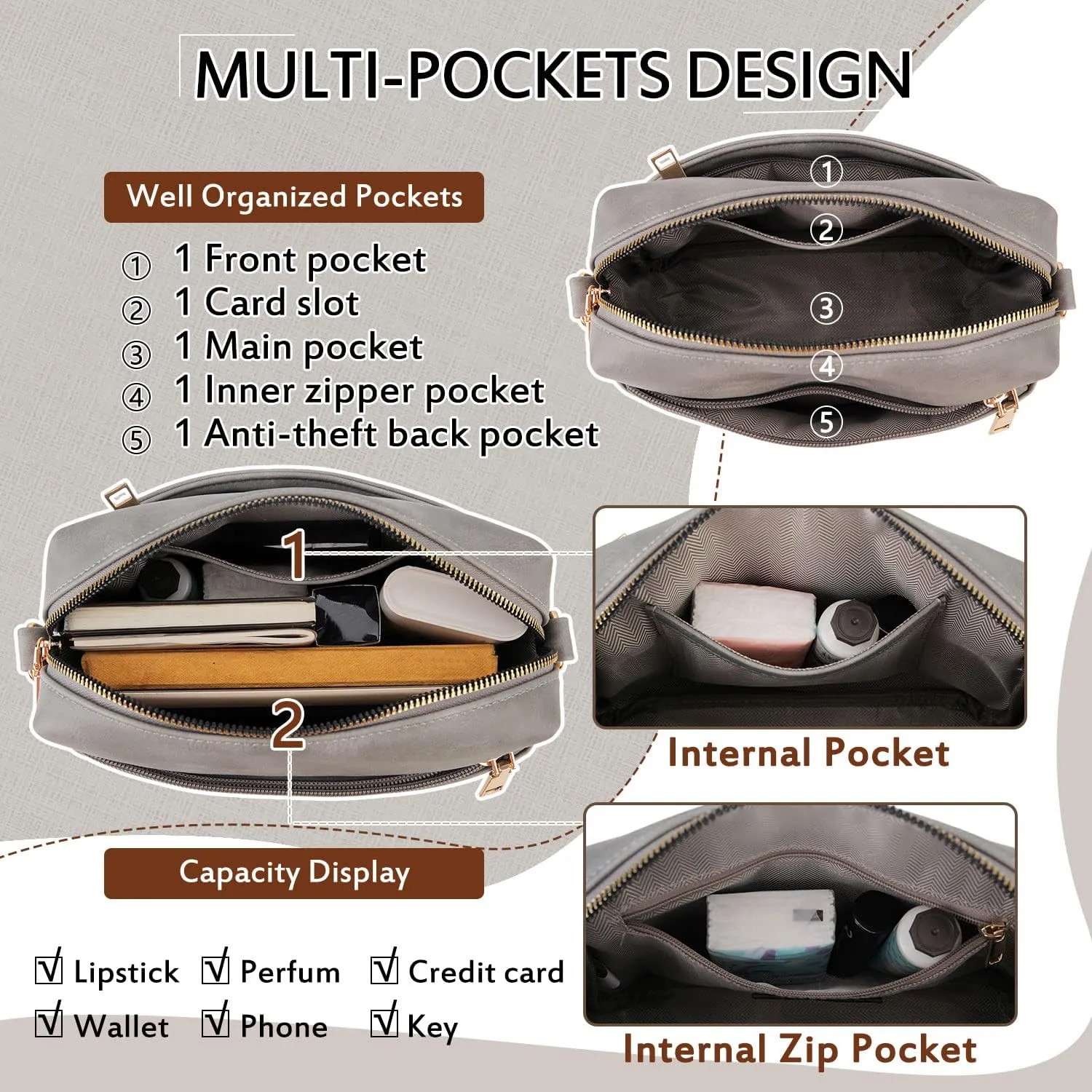 VX VONXURY Small Crossbody Bags for Women, Vegan Soft Pu Leather Triple Zipper Purse Handbags