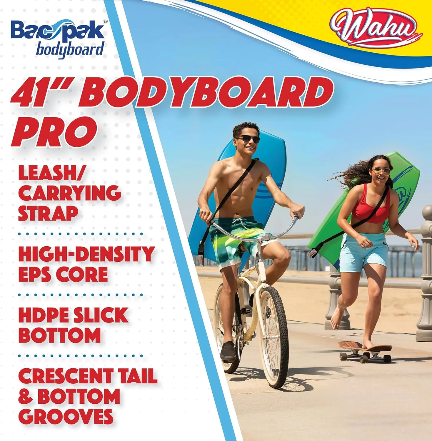 WAHU Bac Pak Bodyboard Pro with Leash, Crescent Tale, EPS Core, XPE Deck, and HDPE Slick Bottom, 41" Lightweight Beach Body Board for Ages 10 
