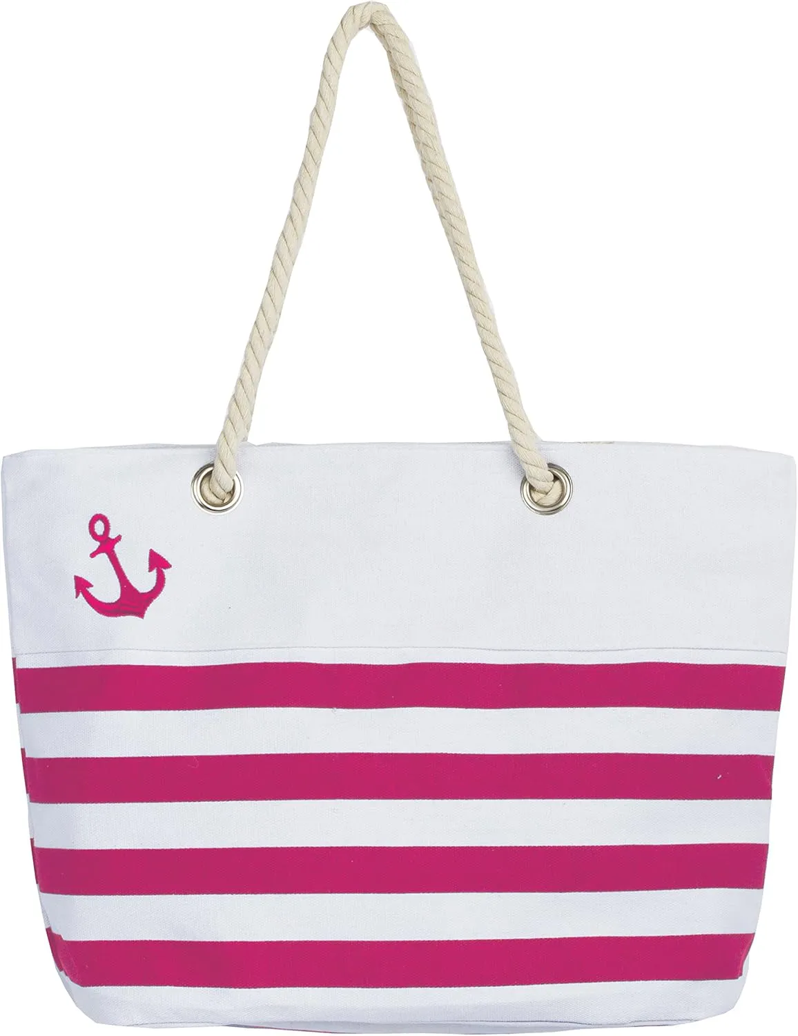Waterproof Canvas Rope Handle Beach Tote Bag (Anchor Fuchsia Stripe)