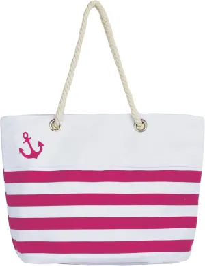 Waterproof Canvas Rope Handle Beach Tote Bag (Anchor Fuchsia Stripe)