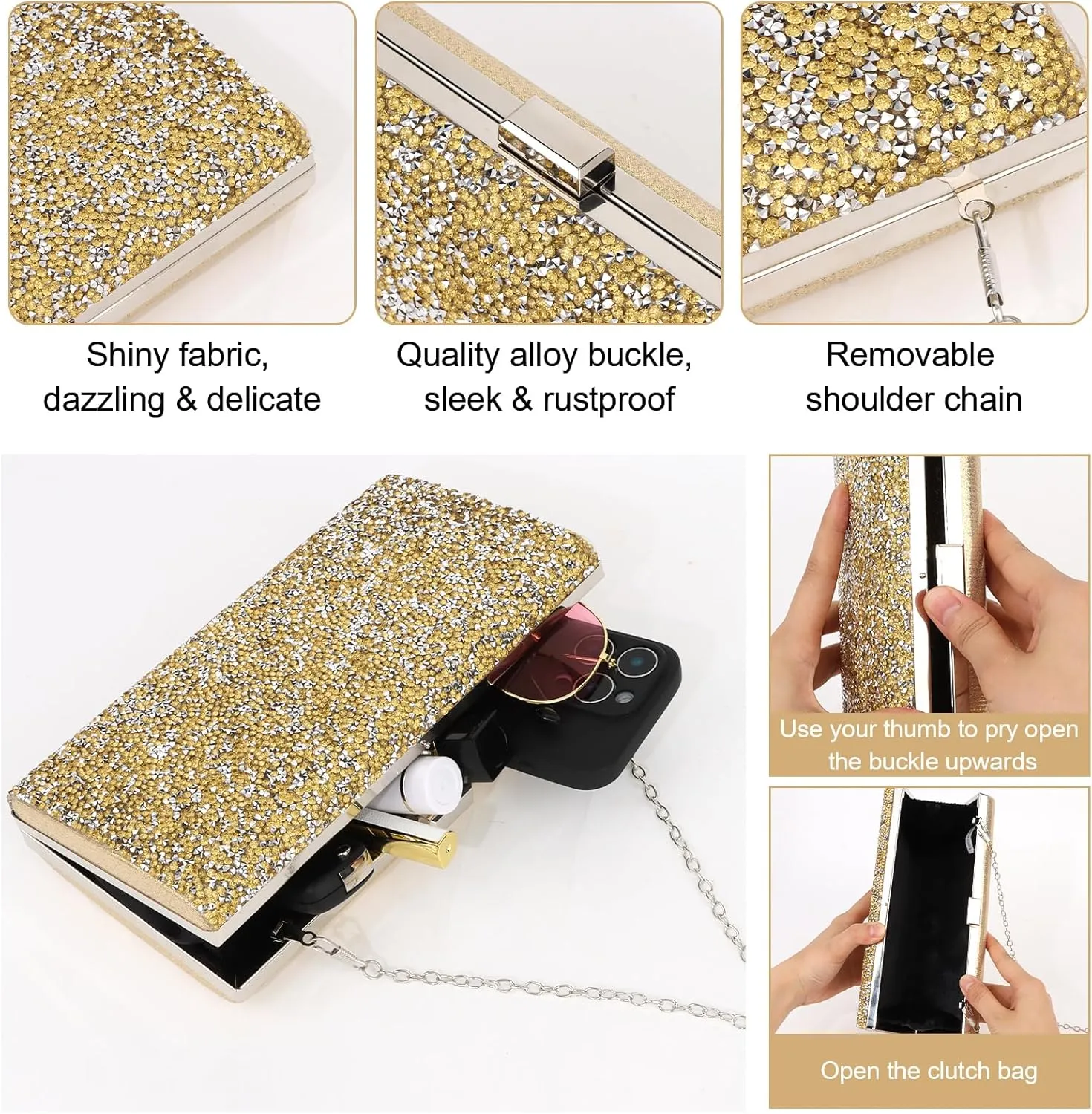 Wecoe 5pcs/set Jewelry Purse Set For Women Handbags Clutch Rhinestone Diamond Necklaces Bracelets Earrings Ring Set Wedding Bridal Prom Homecoming Costume Jewelry Formal Evening Bag Accessories